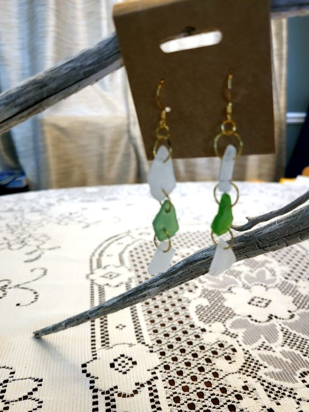 Sea Glass Long Dangle Earrings โ White & Green, Handmade Newfoundland